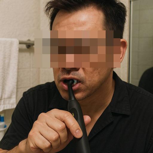 歯周病で歯ぐきが炎症を起こしているイメージ図。歯肉炎や歯槽膿漏など中年男性に多い歯の病気を表し、電動歯ブラシによる予防や健康維持の重要性を示す