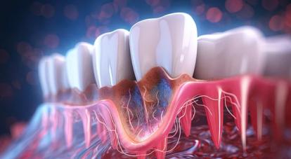 歯周病で歯ぐきが炎症を起こしているイメージ図。歯肉炎や歯槽膿漏など中年男性に多い歯の病気を表し、電動歯ブラシによる予防や健康維持の重要性を示す