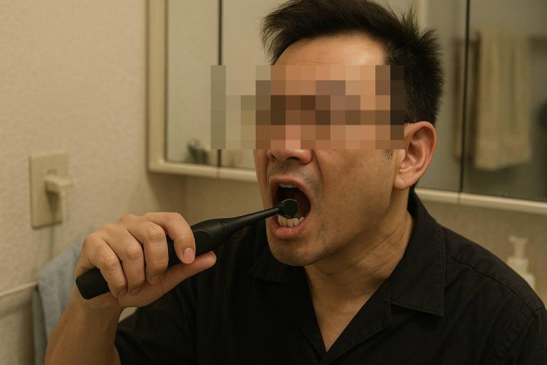 歯周病で歯ぐきが炎症を起こしているイメージ図。歯肉炎や歯槽膿漏など中年男性に多い歯の病気を表し、電動歯ブラシによる予防や健康維持の重要性を示す