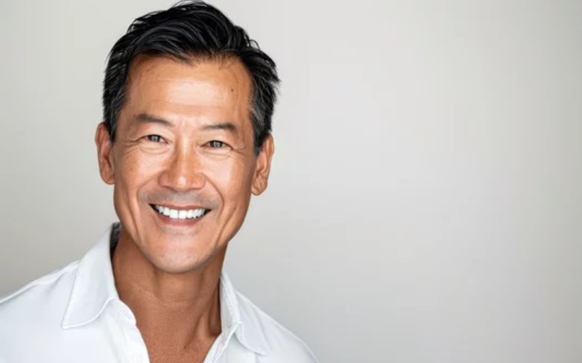 中年男性の歯の健康寿命を守るセルフケア　歯周病や歯槽膿漏を予防し電動歯ブラシやフロスでケアするイメージ