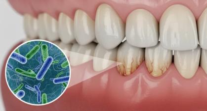 歯周病で歯ぐきが炎症を起こしているイメージ図。歯肉炎や歯槽膿漏など中年男性に多い歯の病気を表し、電動歯ブラシによる予防や健康維持の重要性を示す