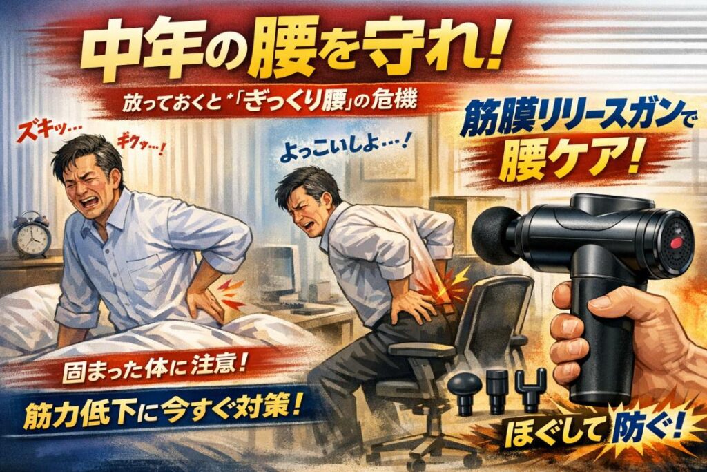 30代からの腰痛対策！いきなりストレッチが逆効果な理由と、ぎっくり腰を回避する「筋膜リリースガン」の活用術を元警察官が解説。カチカチの筋肉を安全にほぐし、生活リスクを最小限に抑えるプロ推奨のメンテナンス手順とは。動けなくなる前に、正しいセルフケアで日常を守りましょう。