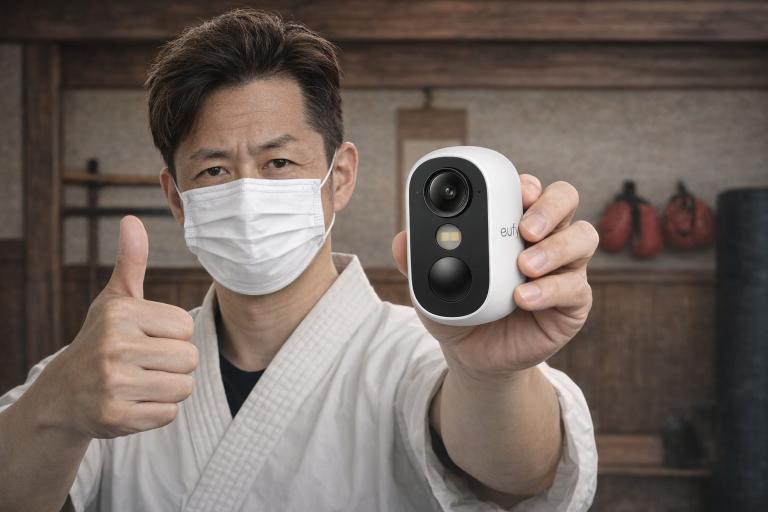元警察官がAnker防犯カメラ「eufyCam C35」を持ってレビューしている様子｜アンカー防犯カメラの評価・口コミ解説